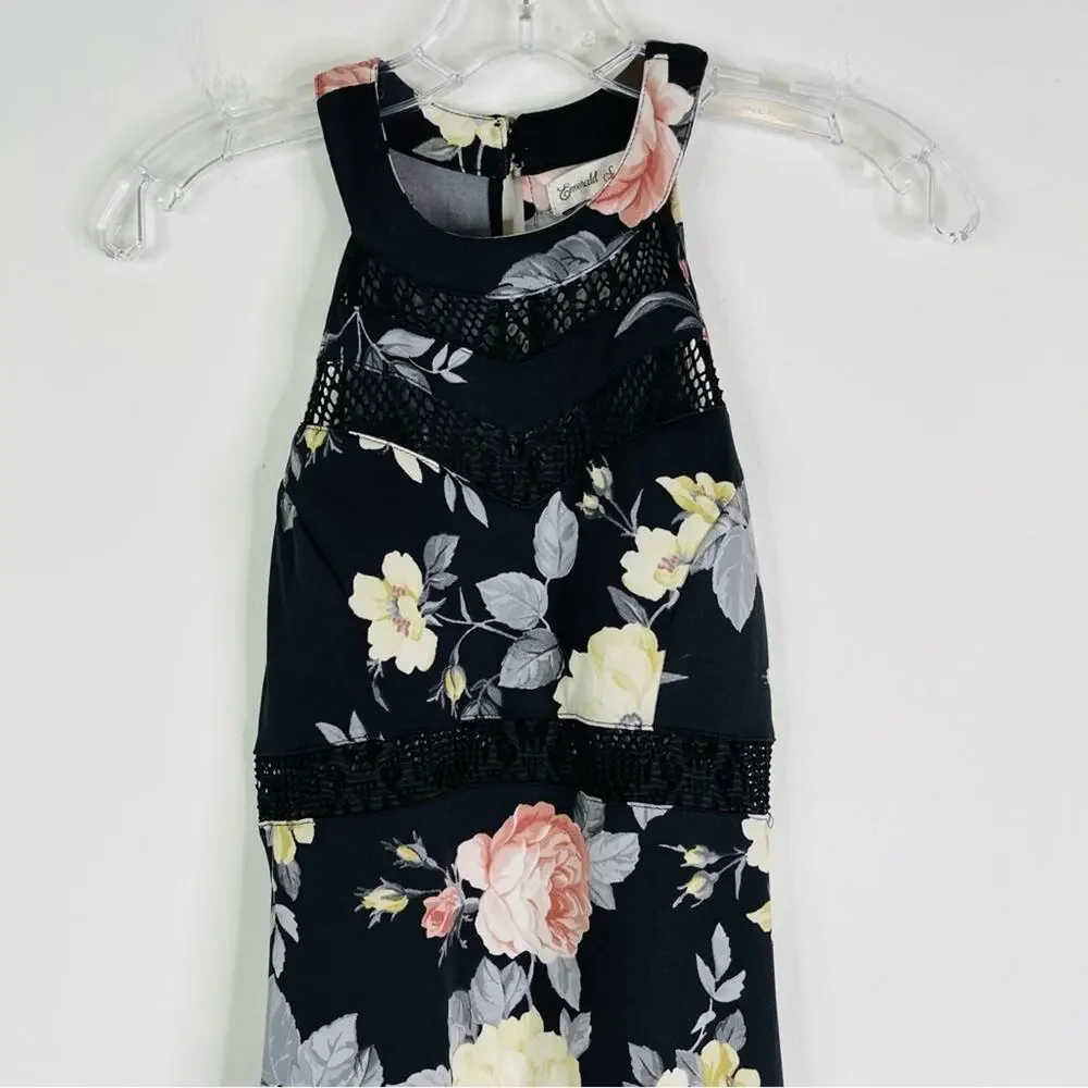 Black cream pink floral stretchy mesh halter evening wedding maxi dress small - Picture 2 of 7